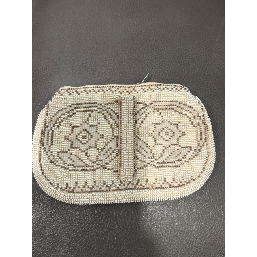 Vintage Beaded Clutch Handbag Ivory White Neutral Geometric Pattern Evening Bag